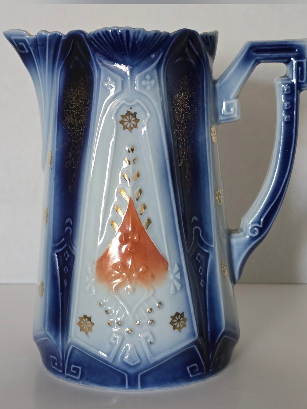 Rare Antique 19th Century Flow Blue Glaze, Gold Gilding Pitcher